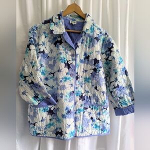 Tabi Woman Quilted Floral Button-Up Jacket W Pockets Blue & White Sz 24 (22-24)
